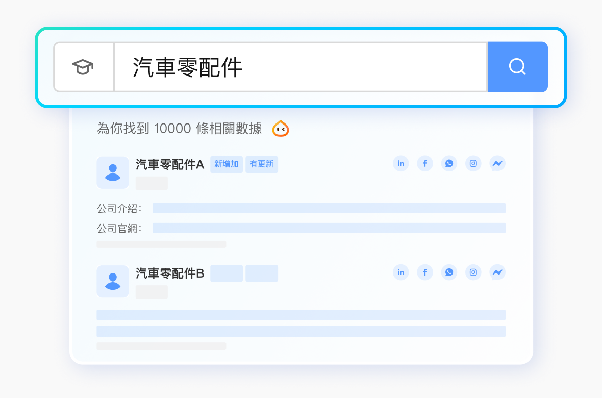 2億公司x7億聯繫人，<br>一鍵搜尋全球客戶
